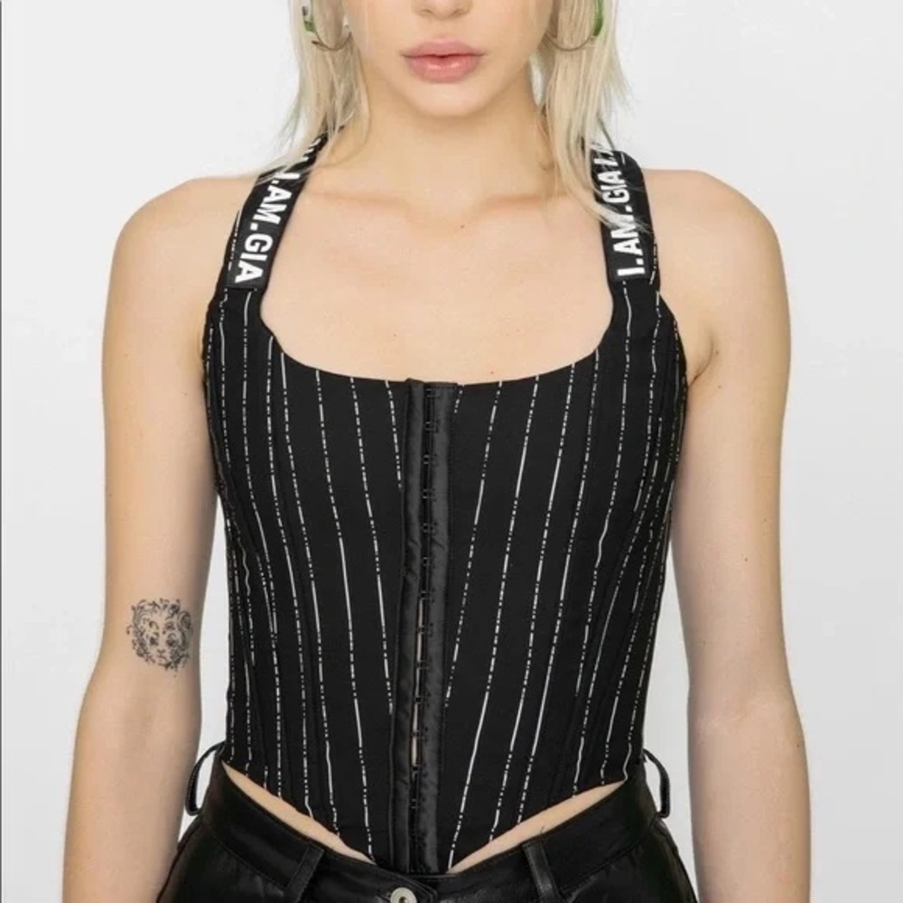 I.AM.GIA pinstripe corset top and skirt set.